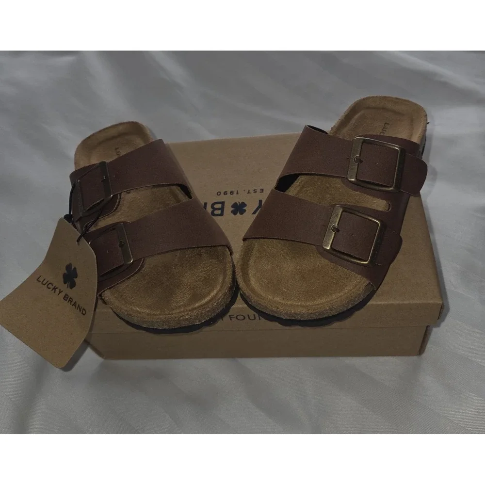 Lucky Brand Blanc Kids Brown Dual Strap Buckle Slide Sandals Size 2
